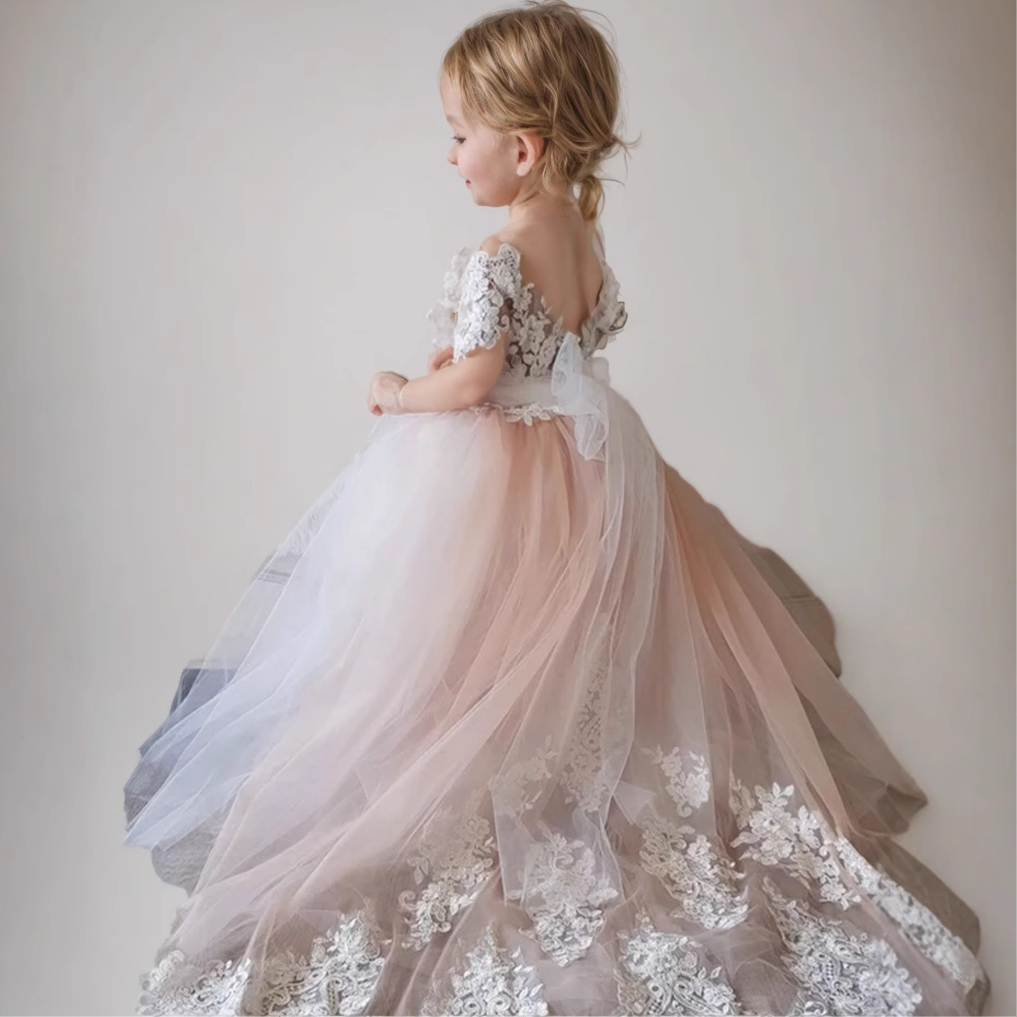 Ball-Gown Illusion Neck Sweep Train Lace Flower Girl Dress With Bow