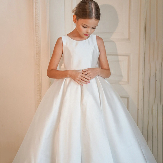 Ball-Gown Scoop Neck Sleeveless Satin Flower Girl Dress With Bow