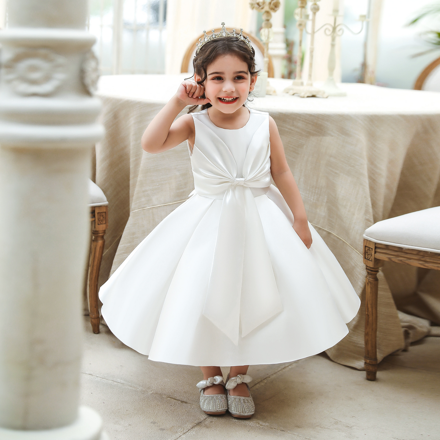 A-Line Scoop Neck Sleeveless Satin Flower Girl Dress