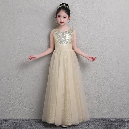 A-Line Square Neckline Tea-Length Tulle Sequined Flower Girl Dress