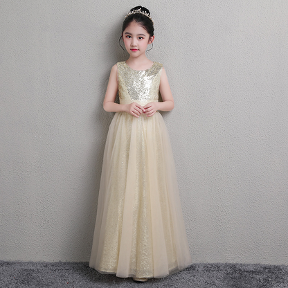 A-Line Square Neckline Tea-Length Tulle Sequined Flower Girl Dress