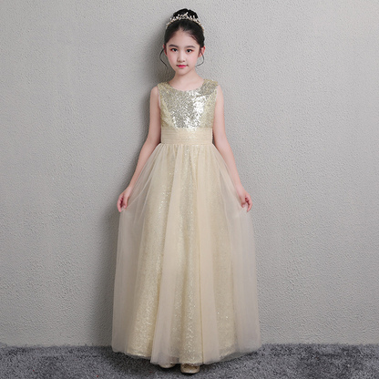 A-Line Square Neckline Tea-Length Tulle Sequined Flower Girl Dress