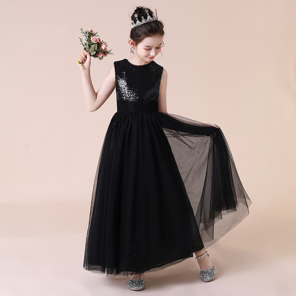 A-Line Square Neckline Tea-Length Tulle Sequined Flower Girl Dress