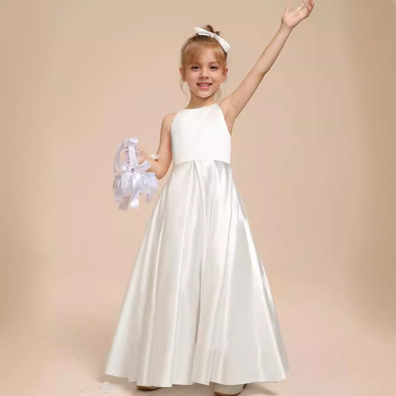 A-Line Scoop Neck Sleeveless Satin Flower Girl Dress With Bow