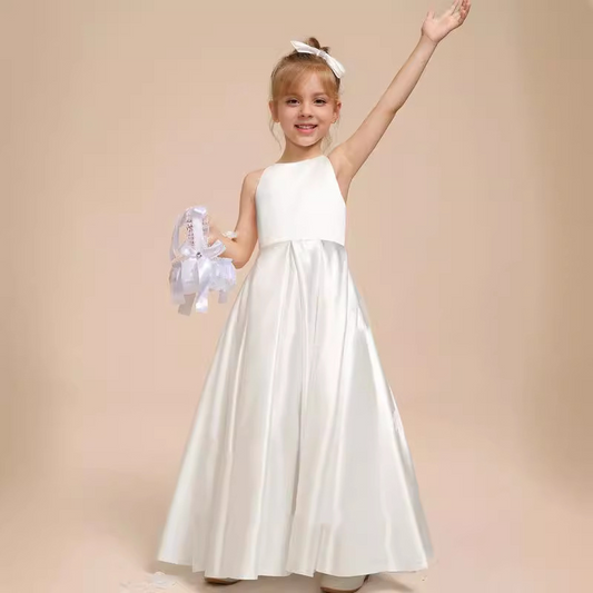 A-Line Scoop Neck Sleeveless Satin Flower Girl Dress With Bow