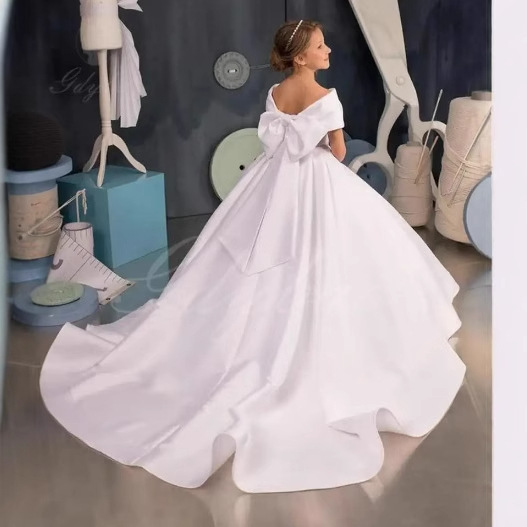 A-Line Off-The-Shoulder Satin Flower Girl Dress With Bow