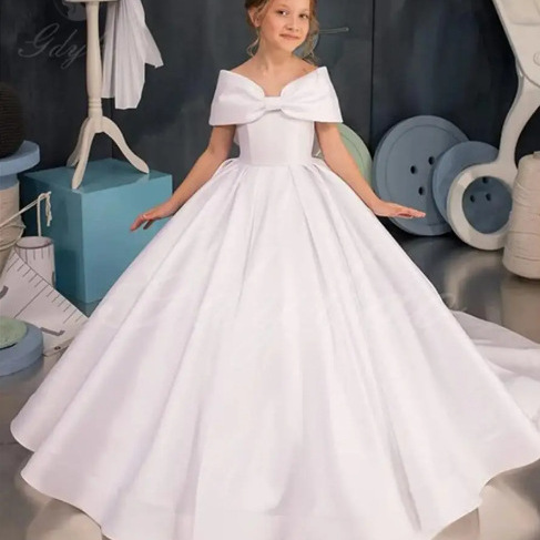 A-Line Off-The-Shoulder Satin Flower Girl Dress With Bow