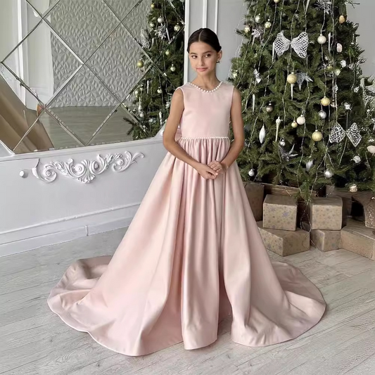 Beading Scoop Neck Sleeveless A-Line Sweep Train Flower Girl Dress