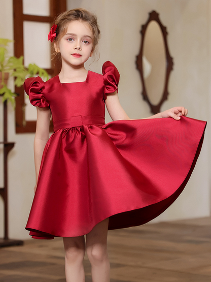A-Line Square Neck Sleeveless Knee-Length Satin Flower Girl Dress
