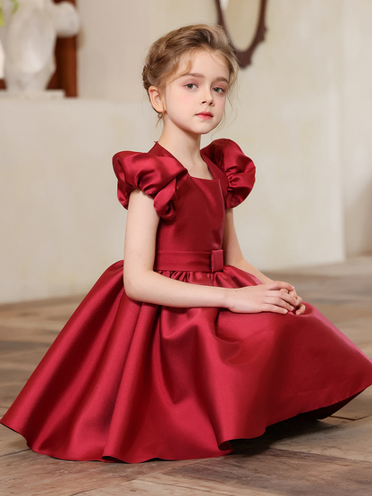 A-Line Square Neck Sleeveless Knee-Length Satin Flower Girl Dress