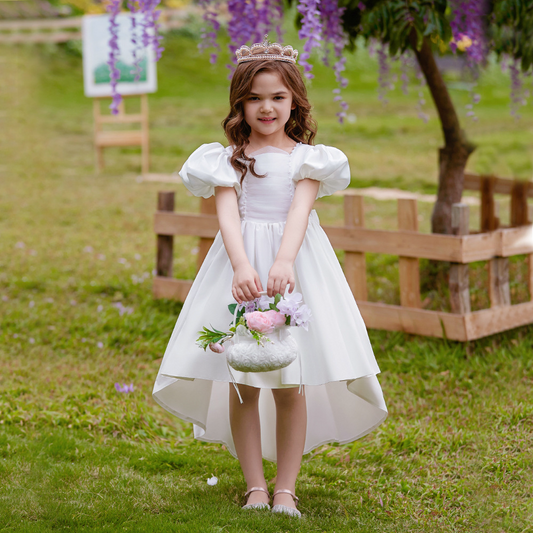 A-Line Short Sleeves Asymmetrical Flower Girl Dress