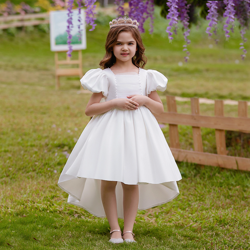 A-Line Short Sleeves Asymmetrical Flower Girl Dress