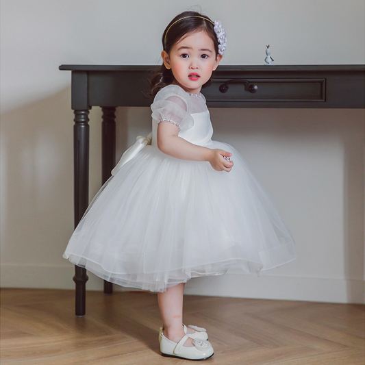 Ball-Gown Scoop Neck Short Sleeves Flower Girl Dress With Bow