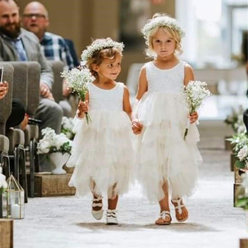 A-Line Scoop Neck Short Sleeves Lace Flower Girl Dress With Ruffles