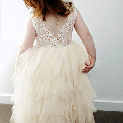 A-Line Scoop Neck Short Sleeves Lace Flower Girl Dress With Ruffles