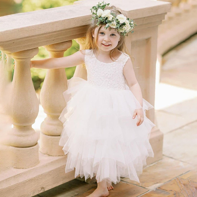 A-Line Scoop Neck Short Sleeves Lace Flower Girl Dress With Ruffles