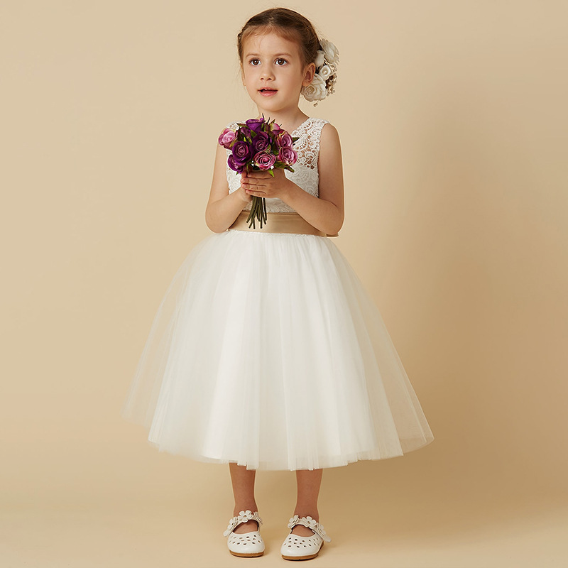 A-Line Illusion Neck Sleeveless Tea-Length Lace Flower Girl Dress