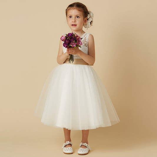 A-Line Illusion Neck Sleeveless Tea-Length Lace Flower Girl Dress