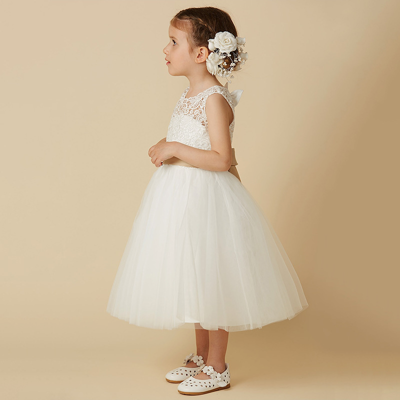 A-Line Illusion Neck Sleeveless Tea-Length Lace Flower Girl Dress