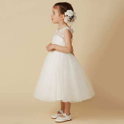 A-Line Illusion Neck Sleeveless Tea-Length Lace Flower Girl Dress