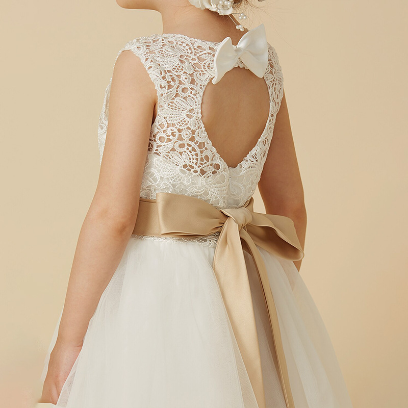 A-Line Illusion Neck Sleeveless Tea-Length Lace Flower Girl Dress