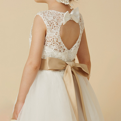 A-Line Illusion Neck Sleeveless Tea-Length Lace Flower Girl Dress
