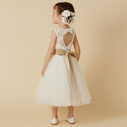 A-Line Illusion Neck Sleeveless Tea-Length Lace Flower Girl Dress