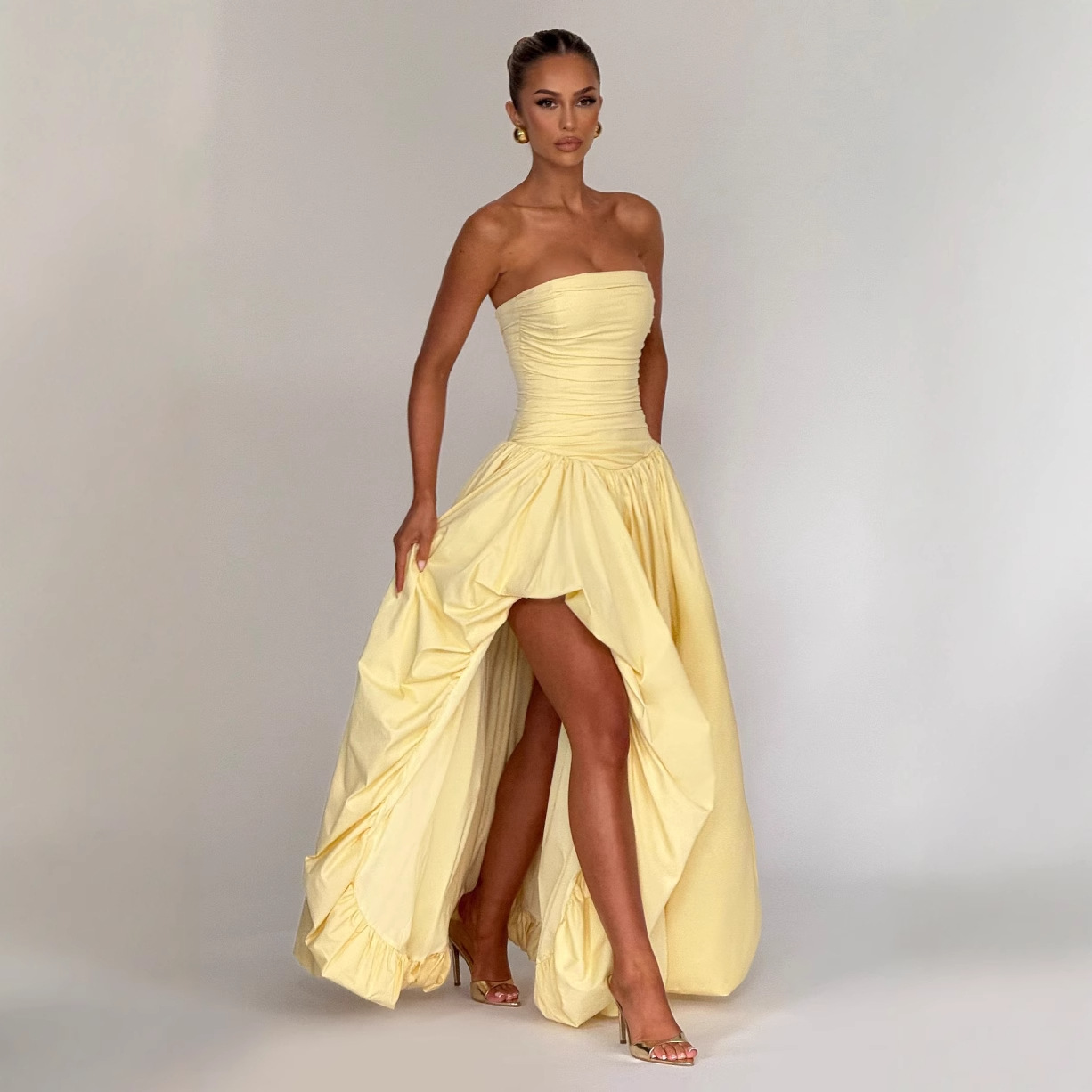 Ruched Strapless Sleeveless A-Line Asymmetrical Length Prom Dress