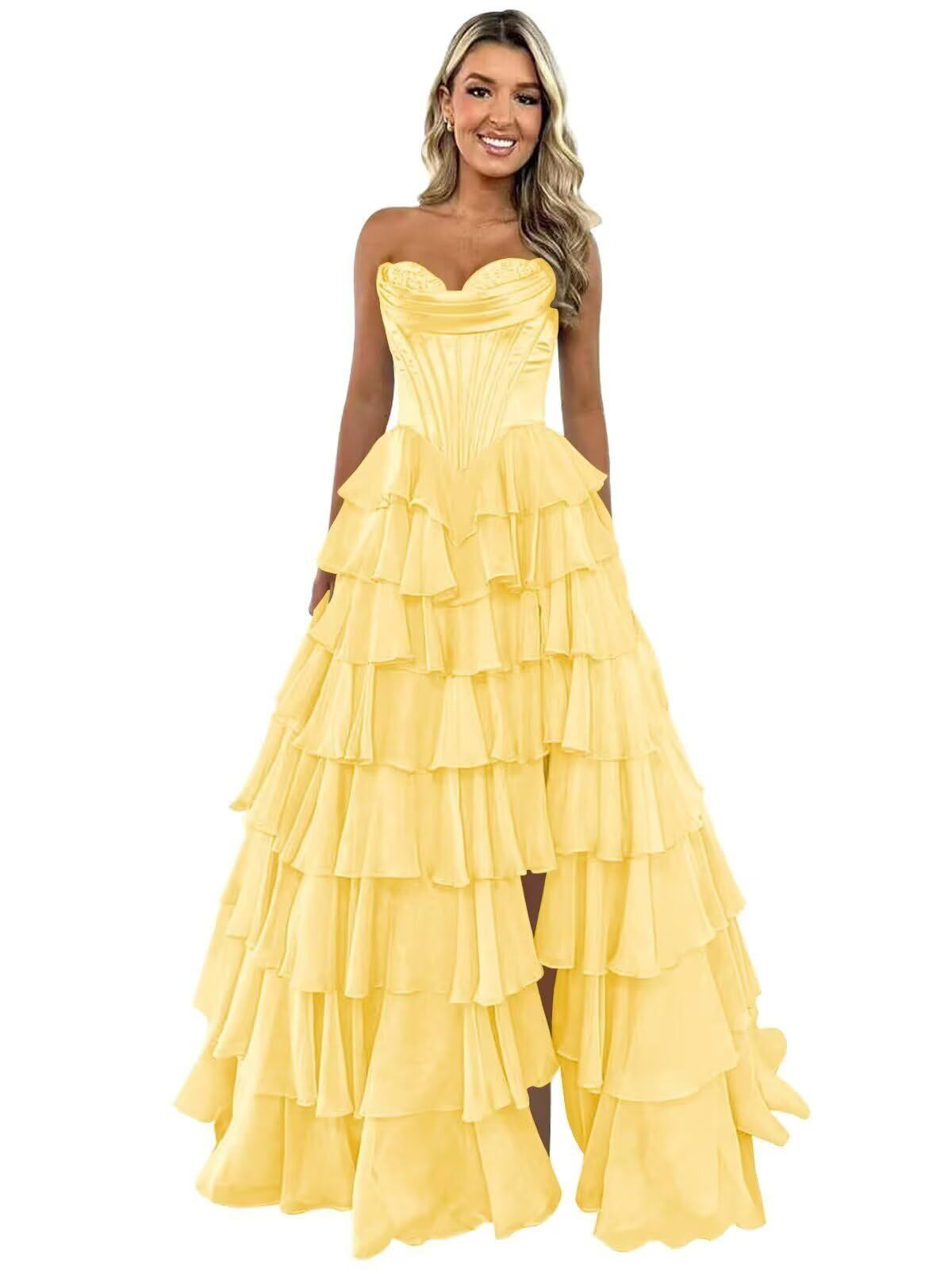 Elegant Tiered A-Line Floor-Length Prom Dress With High Split