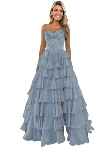 Elegant Tiered A-Line Floor-Length Prom Dress With High Split