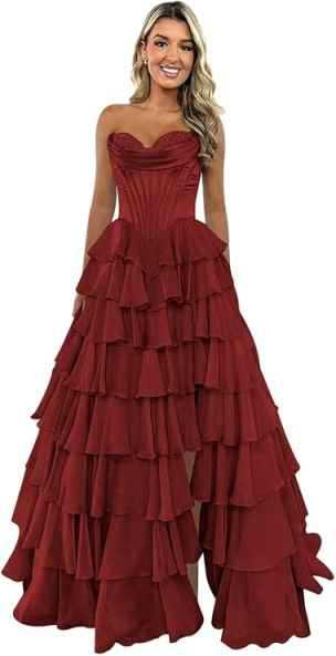Elegant Tiered A-Line Floor-Length Prom Dress With High Split