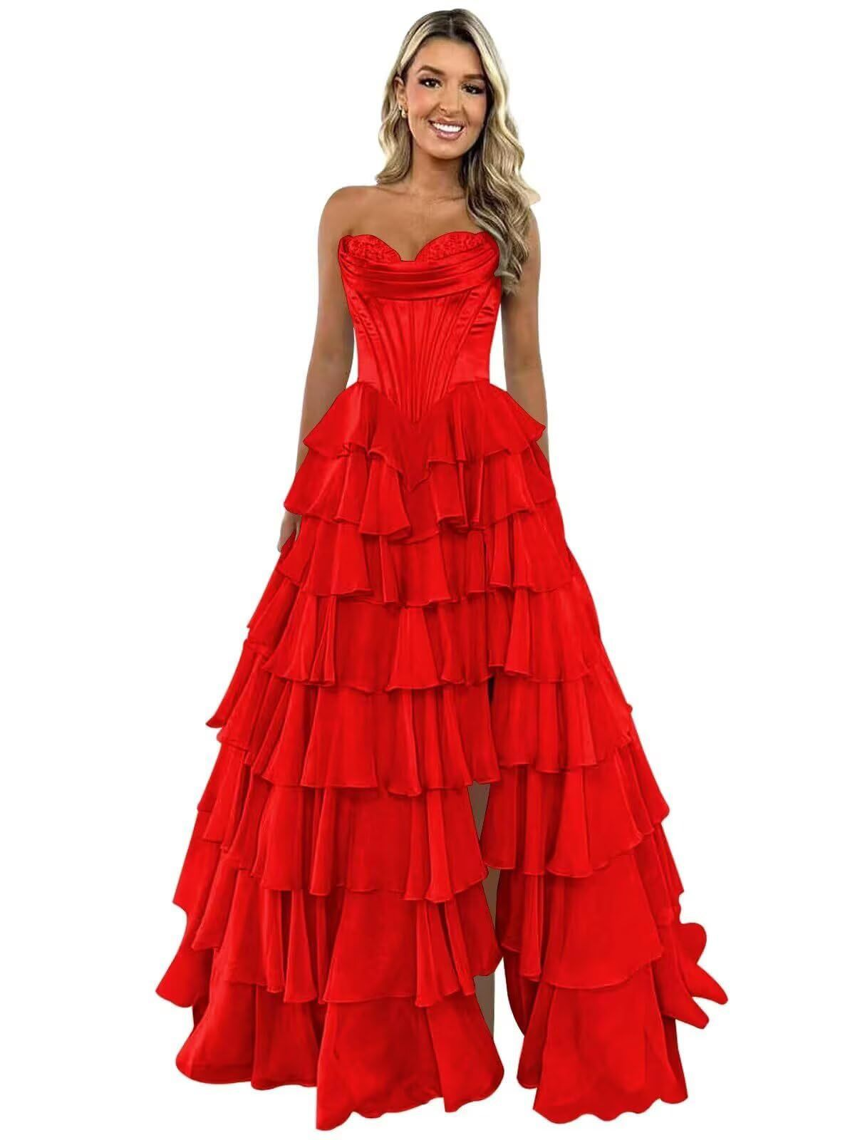 Elegant Tiered A-Line Floor-Length Prom Dress With High Split