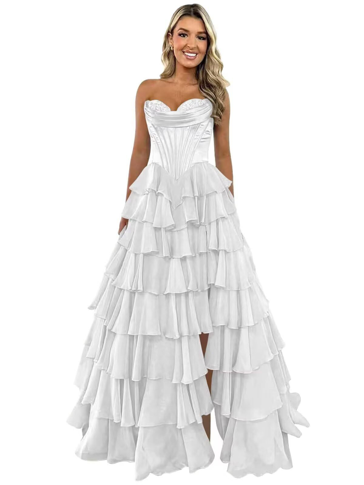 Elegant Tiered A-Line Floor-Length Prom Dress With High Split