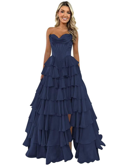 Elegant Tiered A-Line Floor-Length Prom Dress With High Split
