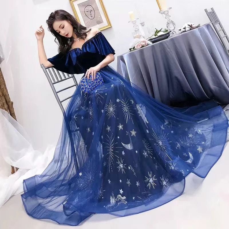 Long Tulle Velvet Patchwork Ruffles Prom Dress