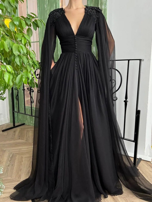 A-Line Chiffon Ruched V-neck Long Sleeves Floor-Length Dress