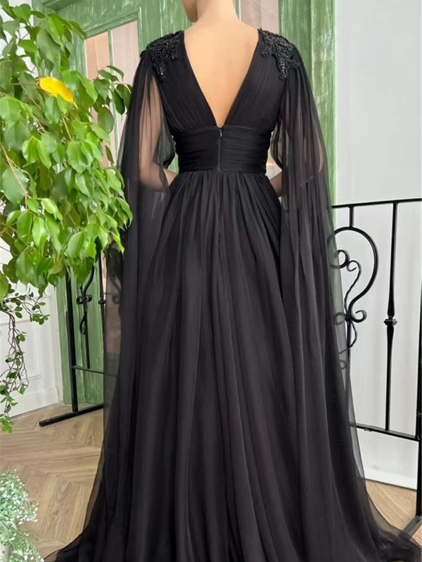 A-Line Chiffon Ruched V-neck Long Sleeves Floor-Length Dress