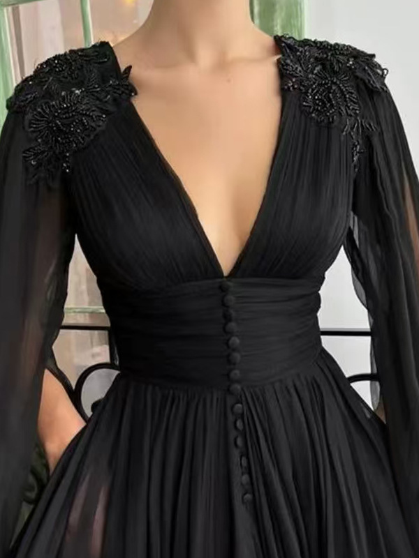 A-Line Chiffon Ruched V-neck Long Sleeves Floor-Length Dress