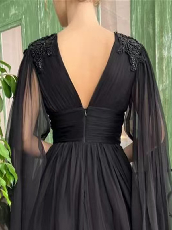 A-Line Chiffon Ruched V-neck Long Sleeves Floor-Length Dress