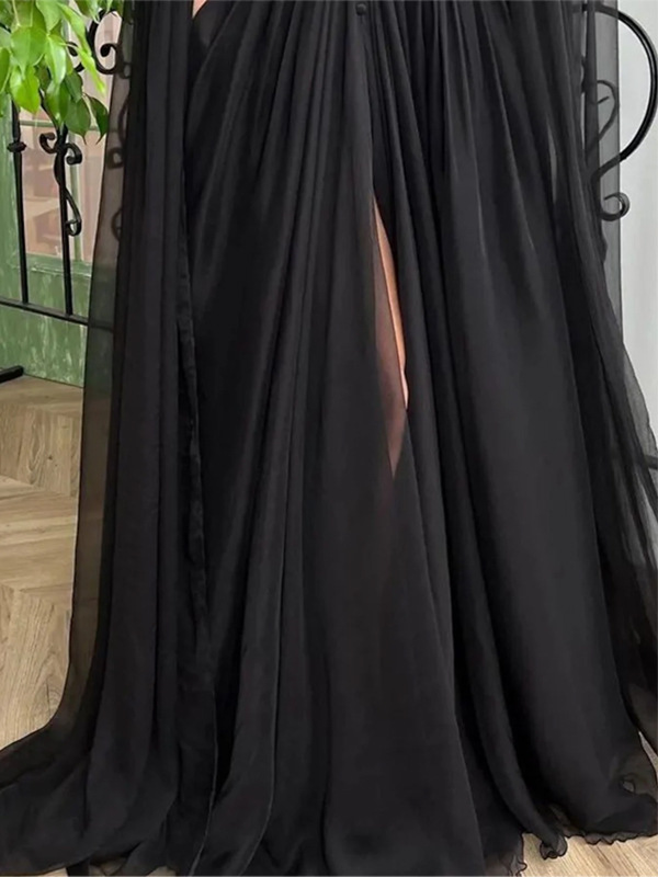 A-Line Chiffon Ruched V-neck Long Sleeves Floor-Length Dress
