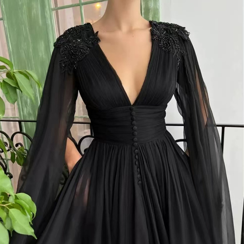 A-Line Chiffon Ruched V-neck Long Sleeves Floor-Length Dress