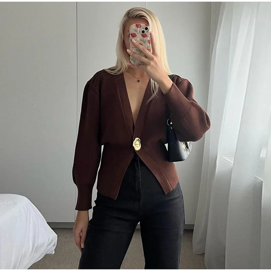 Contrast Knit Metallic Button Cardigan