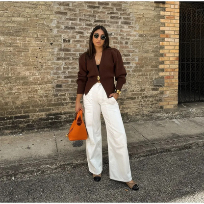 Contrast Knit Metallic Button Cardigan
