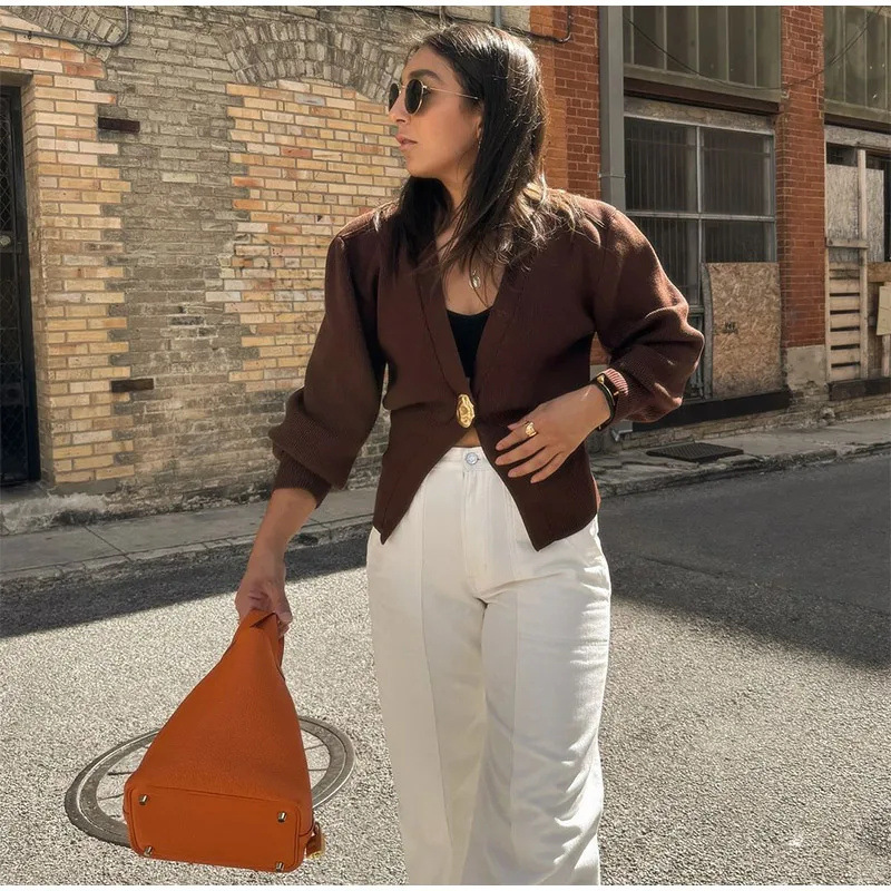Contrast Knit Metallic Button Cardigan