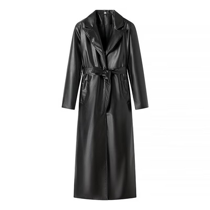 Faux Leather Notched Lapel Belted Trench Coat