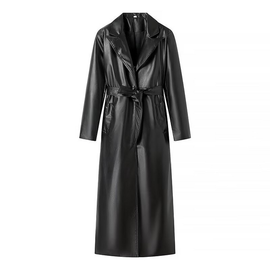 Faux Leather Notched Lapel Belted Trench Coat
