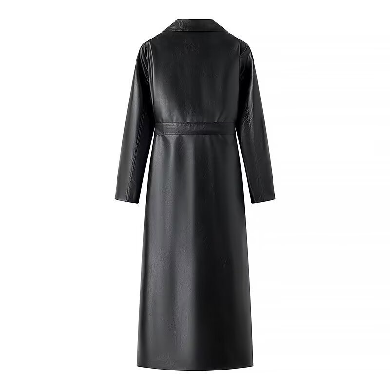 Faux Leather Notched Lapel Belted Trench Coat