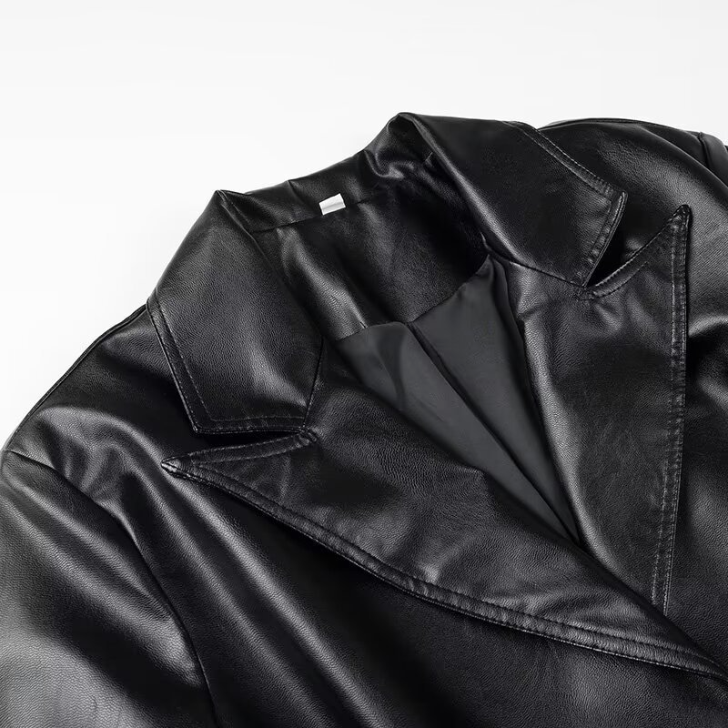 Faux Leather Notched Lapel Belted Trench Coat