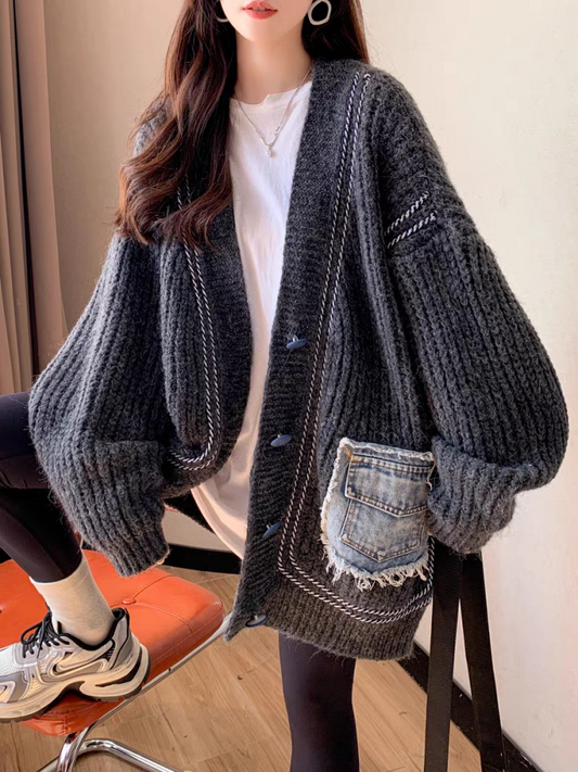 Denim Patchwork Button Pocket Sweater Cardigan