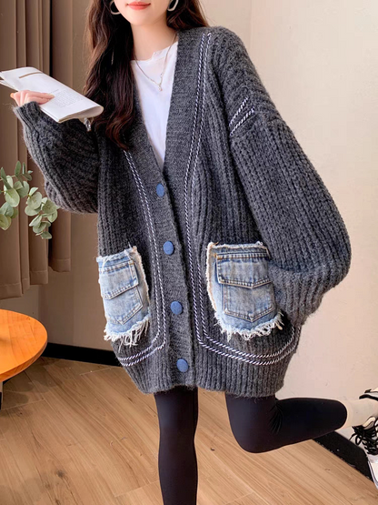 Denim Patchwork Button Pocket Sweater Cardigan